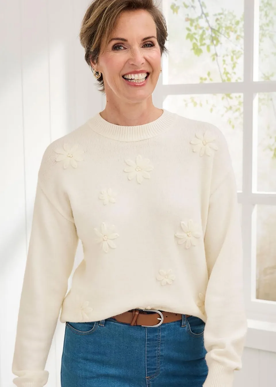 Tops>Cotton Traders Ivory Embroidered Jumper