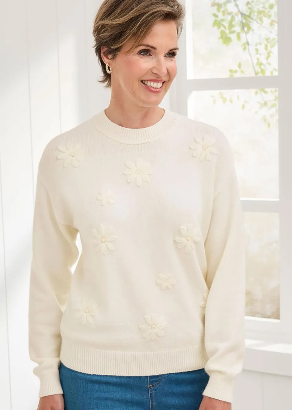 Tops>Cotton Traders Ivory Embroidered Jumper