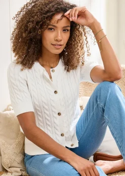 Tops>Cotton Traders Ivory Short Sleeve Cable Cardigan