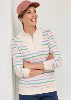Tops>Cotton Traders Ivory Stripe Zip-Neck Sweatshirt