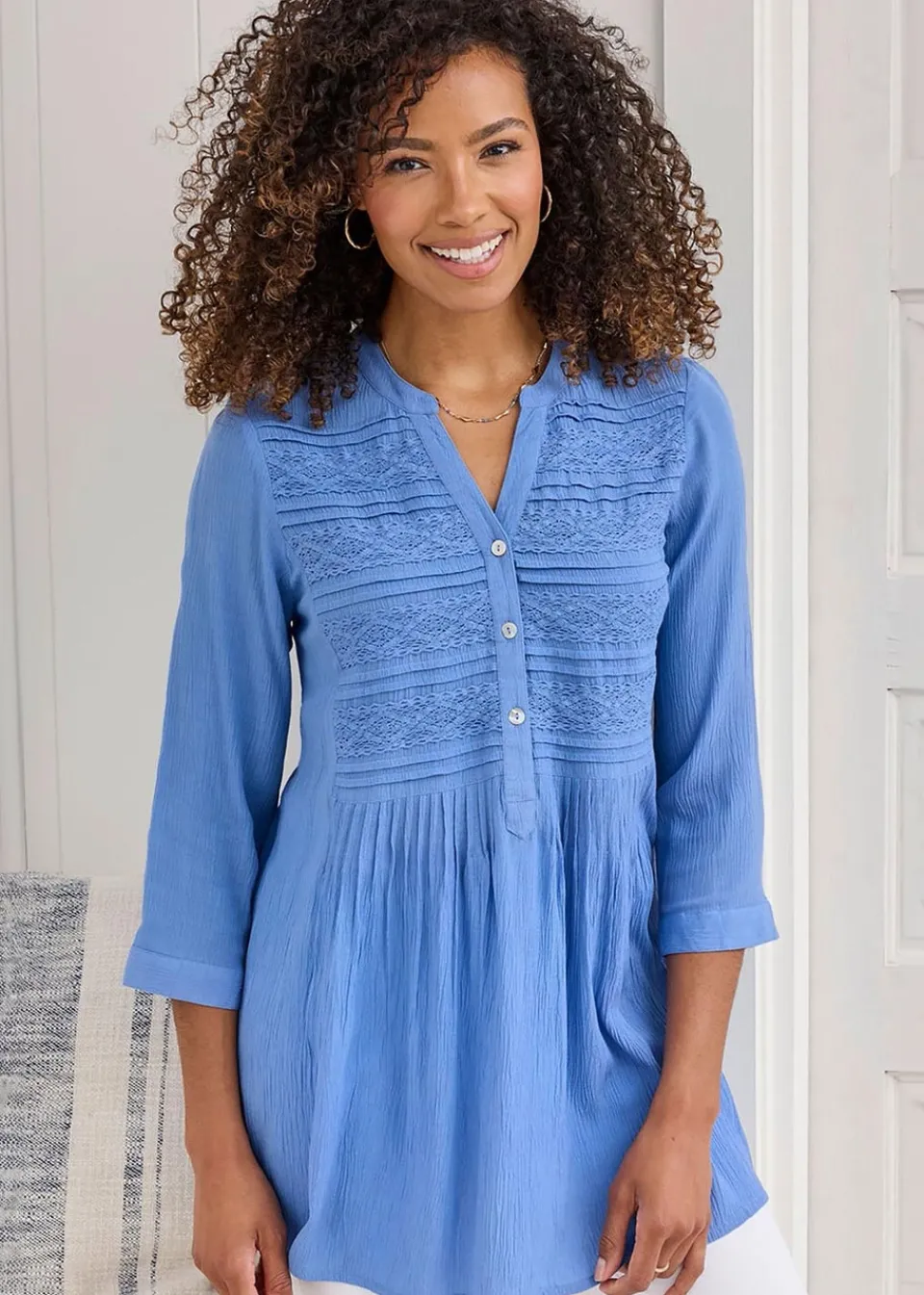 Tops>Cotton Traders Lavender Crinkle Lace Trim Tunic