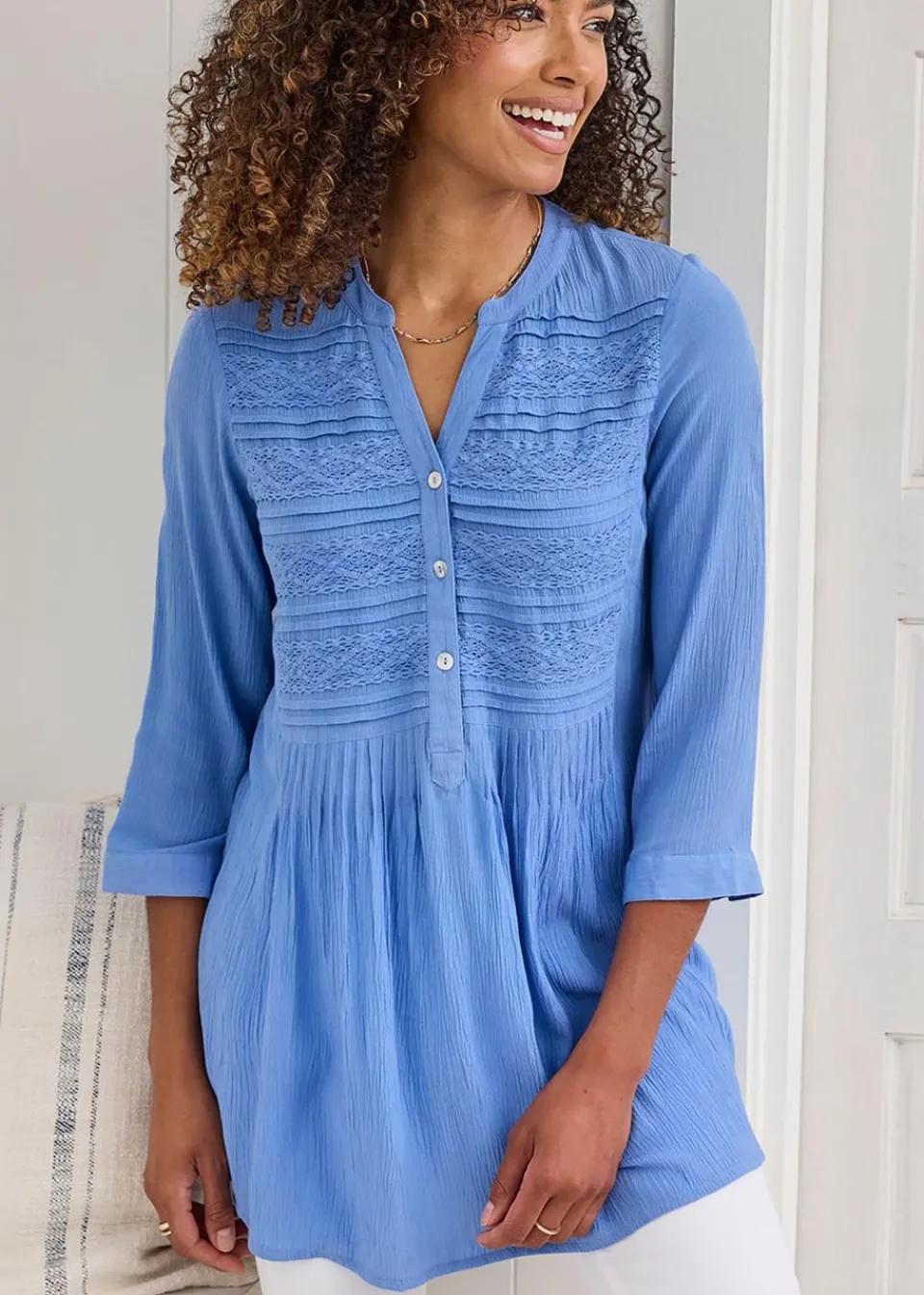 Tops>Cotton Traders Lavender Crinkle Lace Trim Tunic