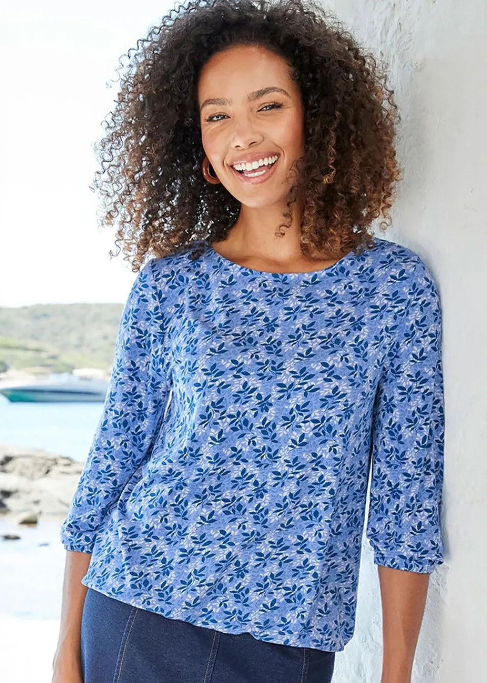 T-Shirts>Cotton Traders Lavender Print Bubble Hem Top