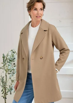 Coats & Jackets>Cotton Traders Light Camel Wool-Look Unlined Double-Breasted Coat