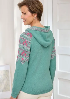 Tops>Cotton Traders Light Teal Fair Isle Hooded Jumper