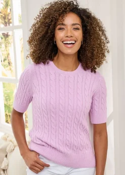 Tops>Cotton Traders Lilac Pink Short Sleeve Cable Jumper