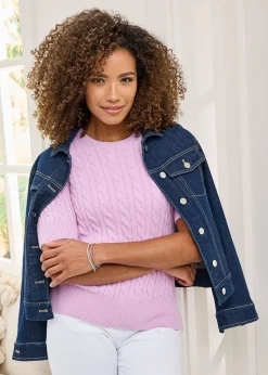 Tops>Cotton Traders Lilac Pink Short Sleeve Cable Jumper