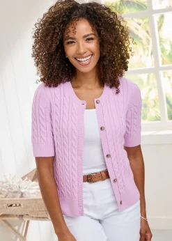 Tops>Cotton Traders Lilac Pink Short Sleeve Cable Cardigan
