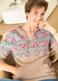 Tops>Cotton Traders Linen Fair Isle Hooded Jumper