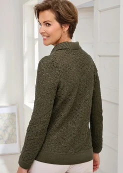 Tops>Cotton Traders Mid Khaki Collared Pointelle Jumper