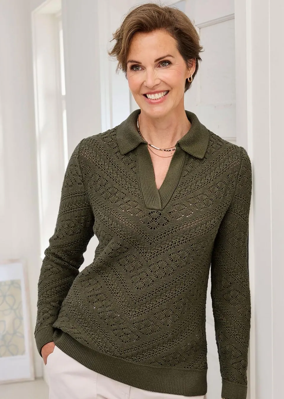 Tops>Cotton Traders Mid Khaki Collared Pointelle Jumper