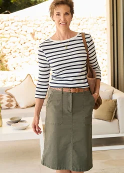 Skirts>Cotton Traders Mid Khaki Scalloped Pocket Twill Knee-Length Skirt