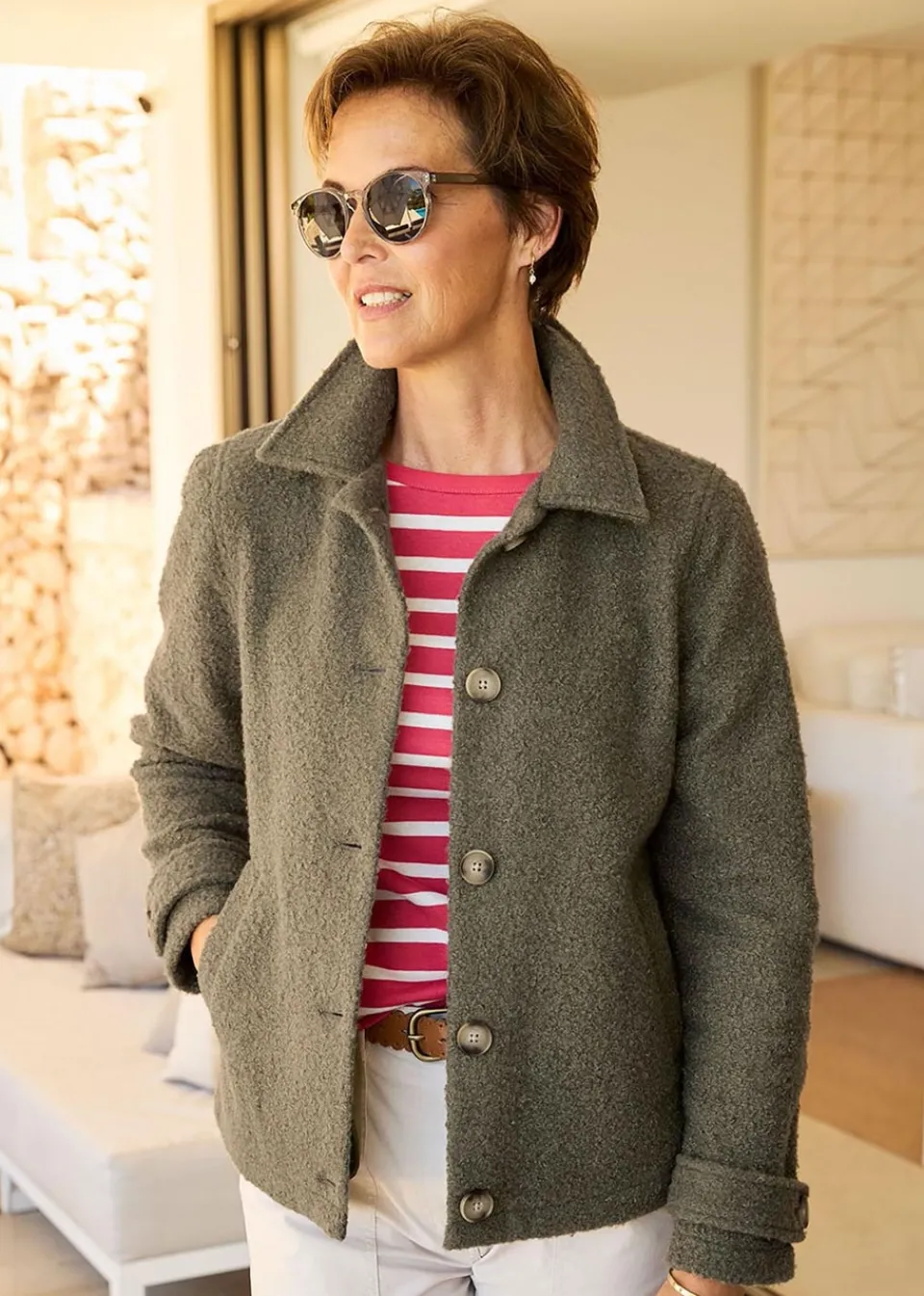 Coats & Jackets>Cotton Traders Mid Khaki Short Wool-Look Jacket