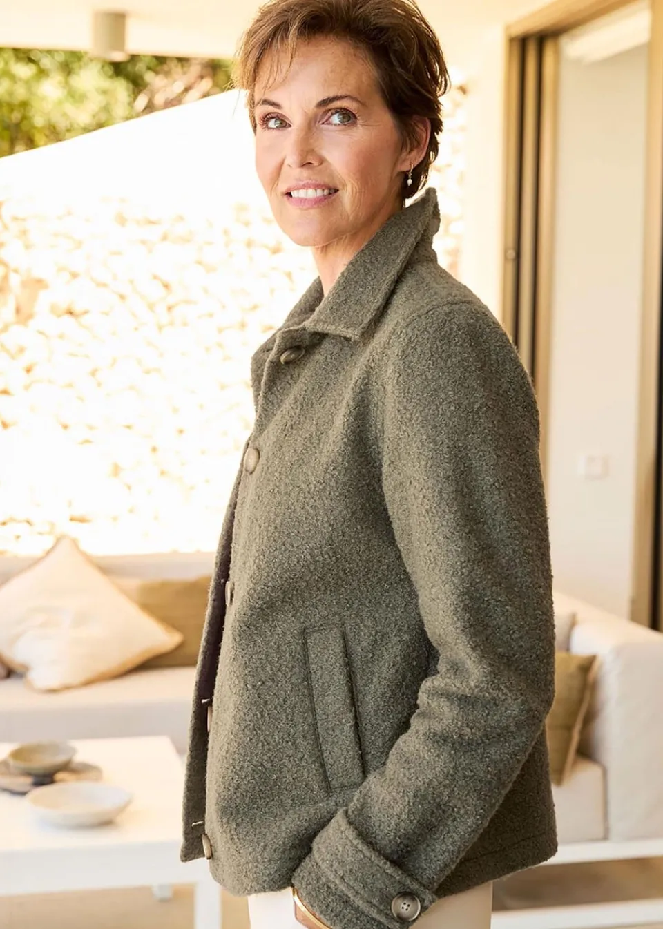Coats & Jackets>Cotton Traders Mid Khaki Short Wool-Look Jacket