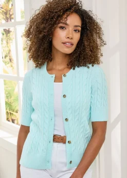 Tops>Cotton Traders Mint Short Sleeve Cable Cardigan