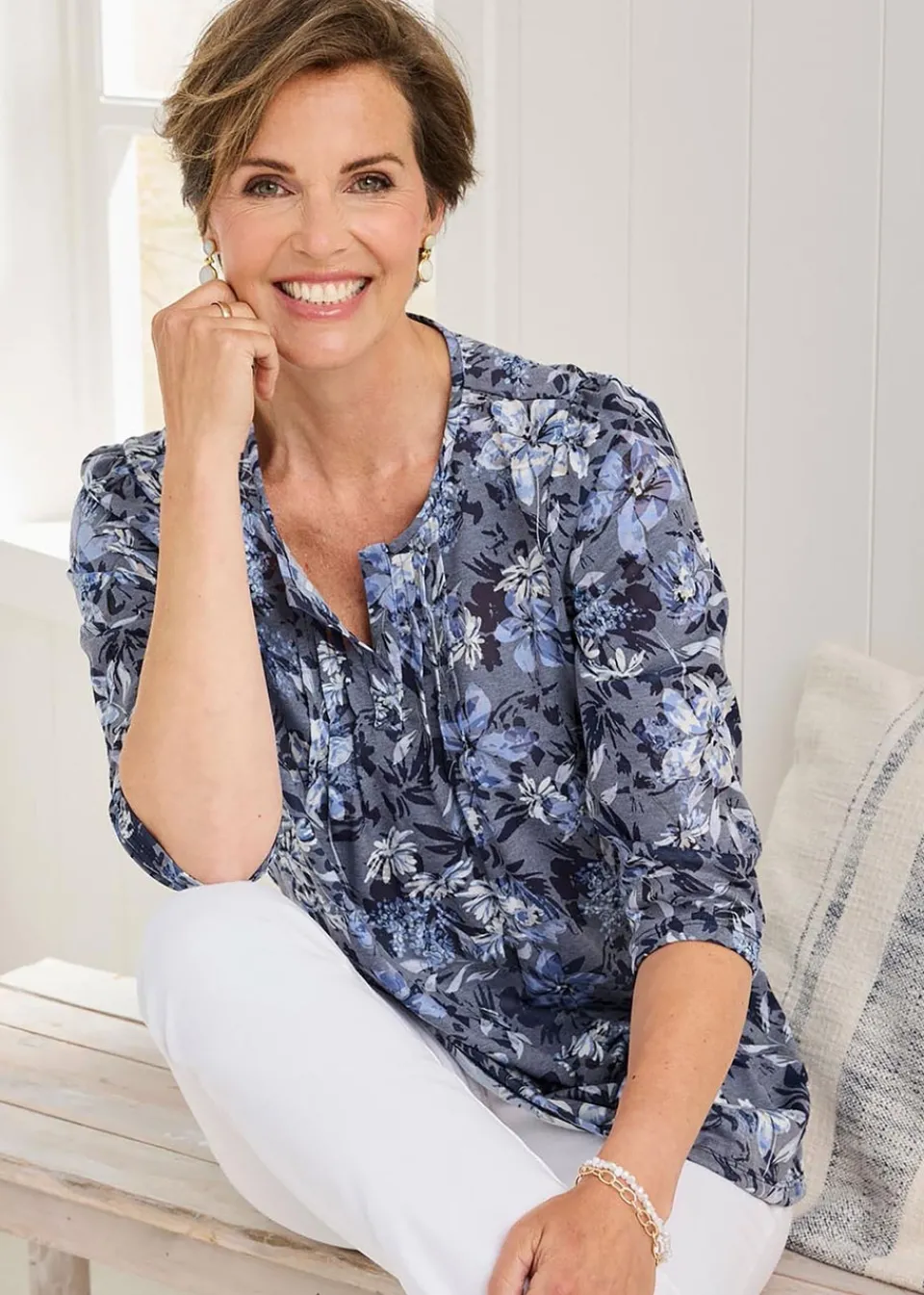 Tops>Cotton Traders Navy Burnout Jersey Tunic