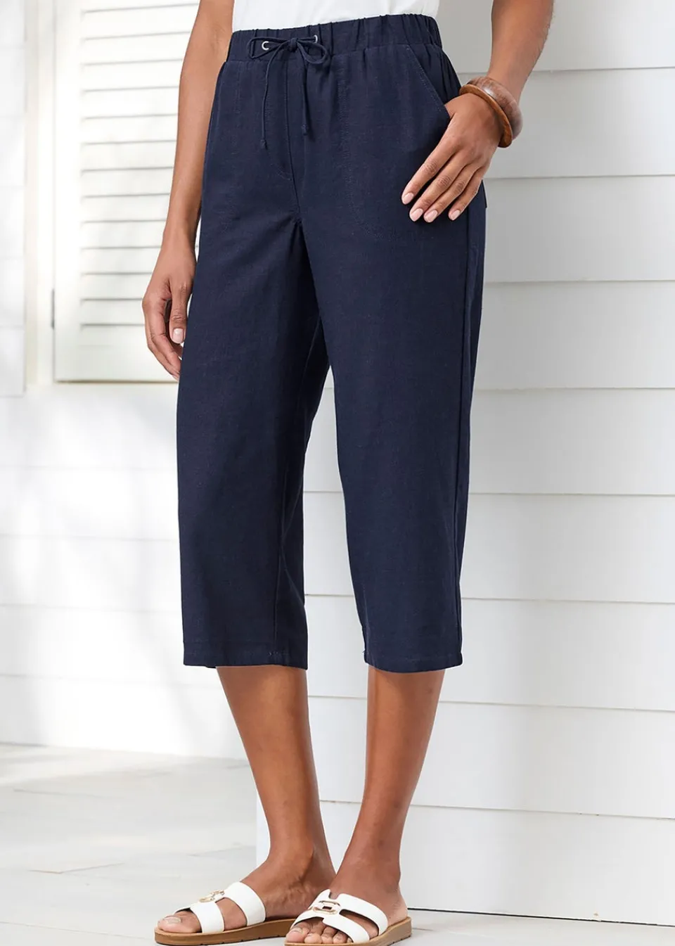 Trousers>Cotton Traders Navy Linen-Blend Relaxed Fit Crop Trousers