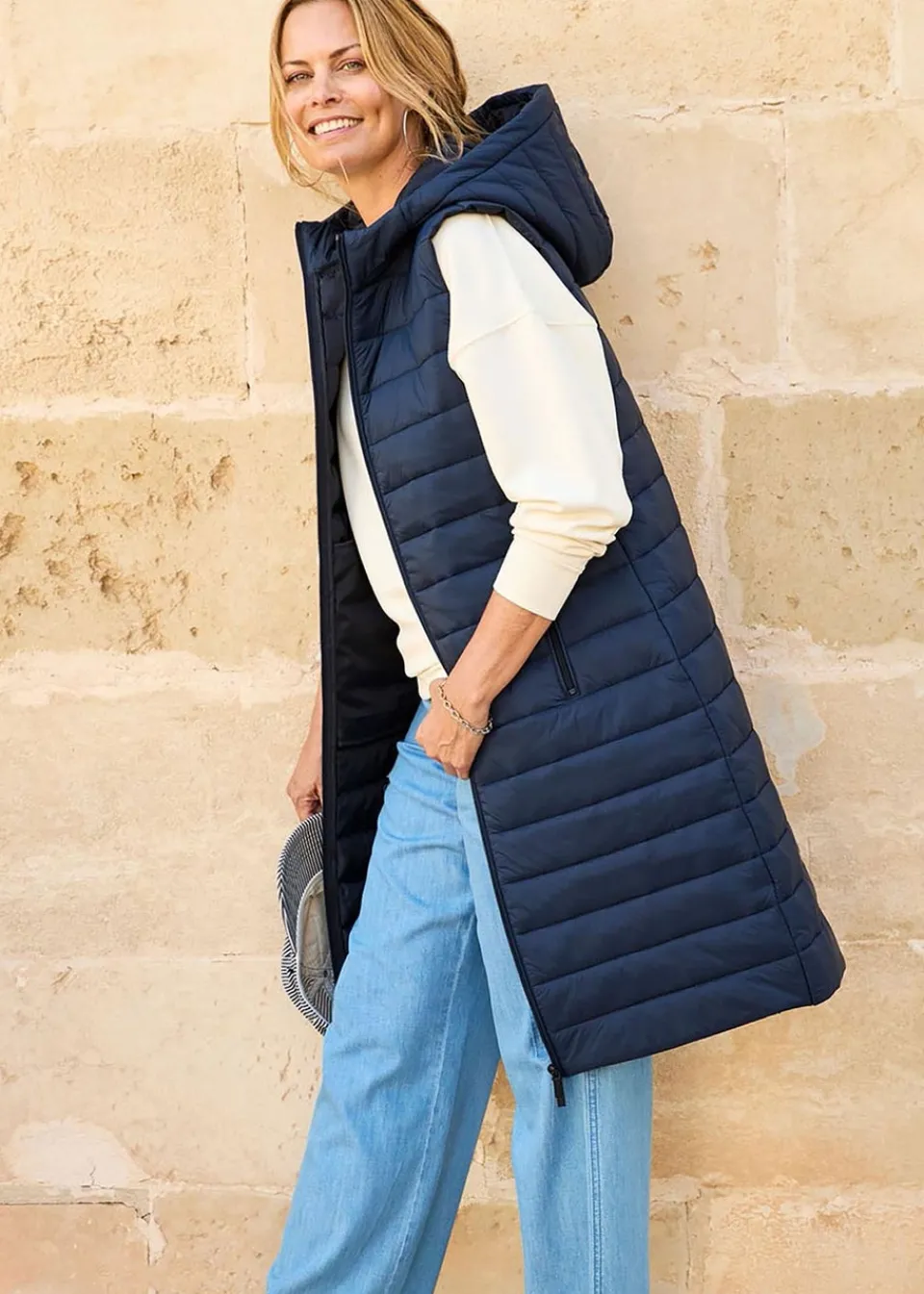 Coats & Jackets>Cotton Traders Navy Longline Quilted Gilet