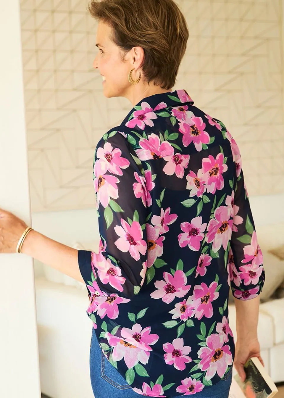 Tops>Cotton Traders Navy Pintuck Chiffon Blouse & Cami