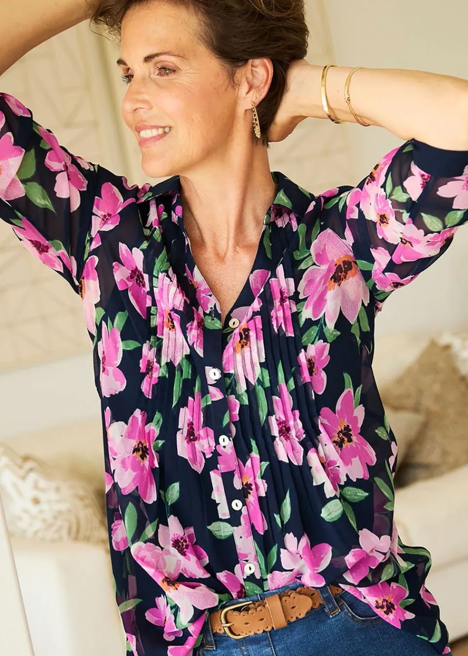 Tops>Cotton Traders Navy Pintuck Chiffon Blouse & Cami