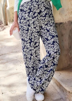 Trousers>Cotton Traders Navy Printed Wide-Leg Pull-On Trousers