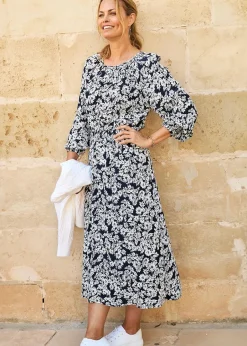 Dresses>Cotton Traders Navy Printed Midi Dress