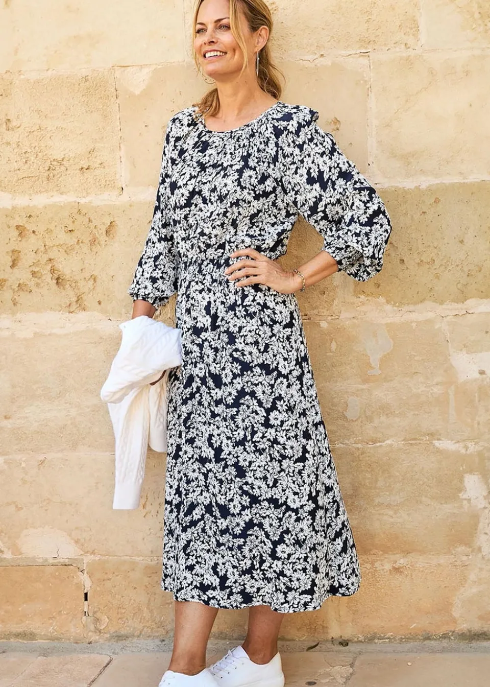 Dresses>Cotton Traders Navy Printed Midi Dress
