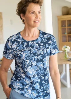 T-Shirts>Cotton Traders Navy Print Textured Jersey Top