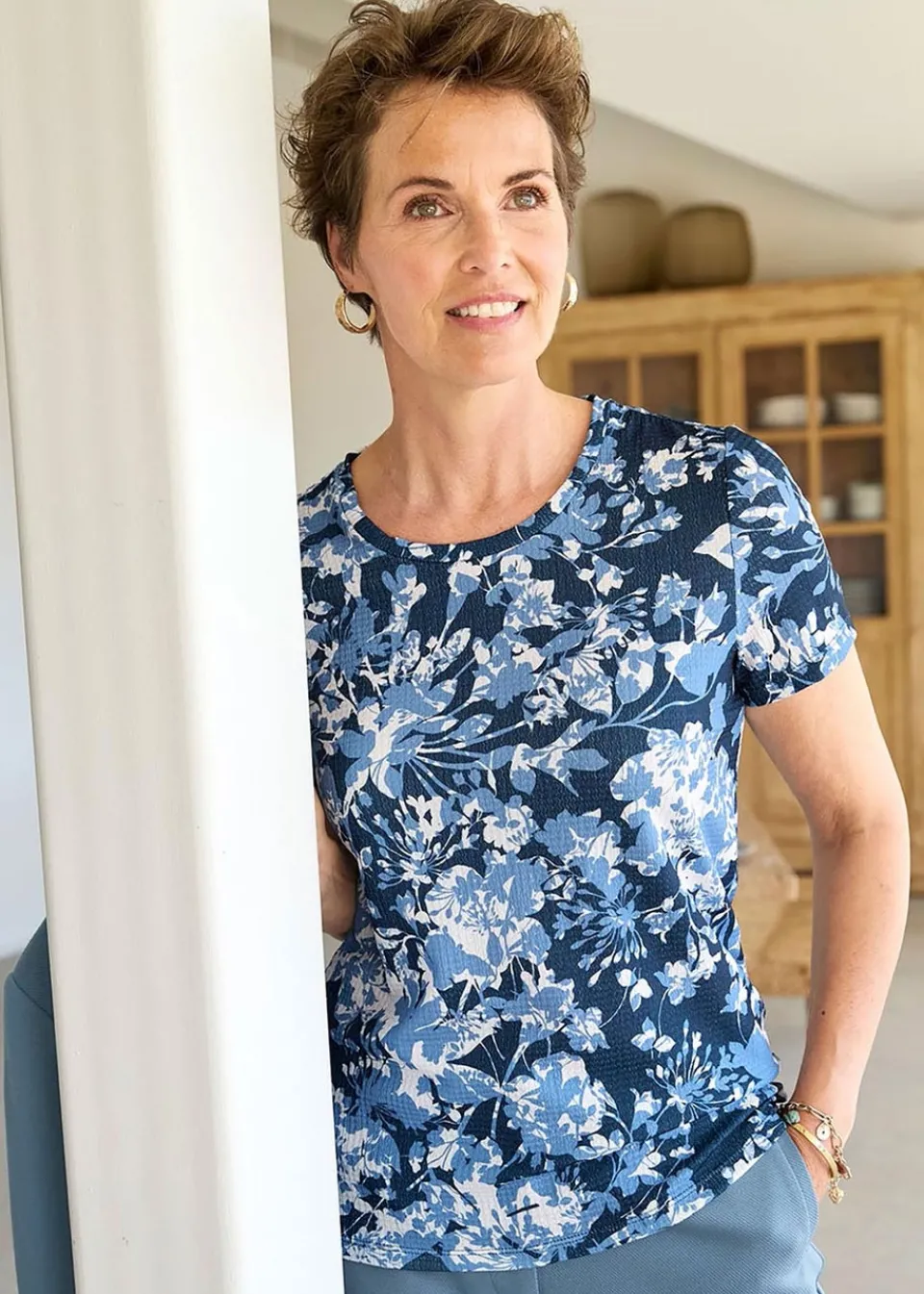 T-Shirts>Cotton Traders Navy Print Textured Jersey Top
