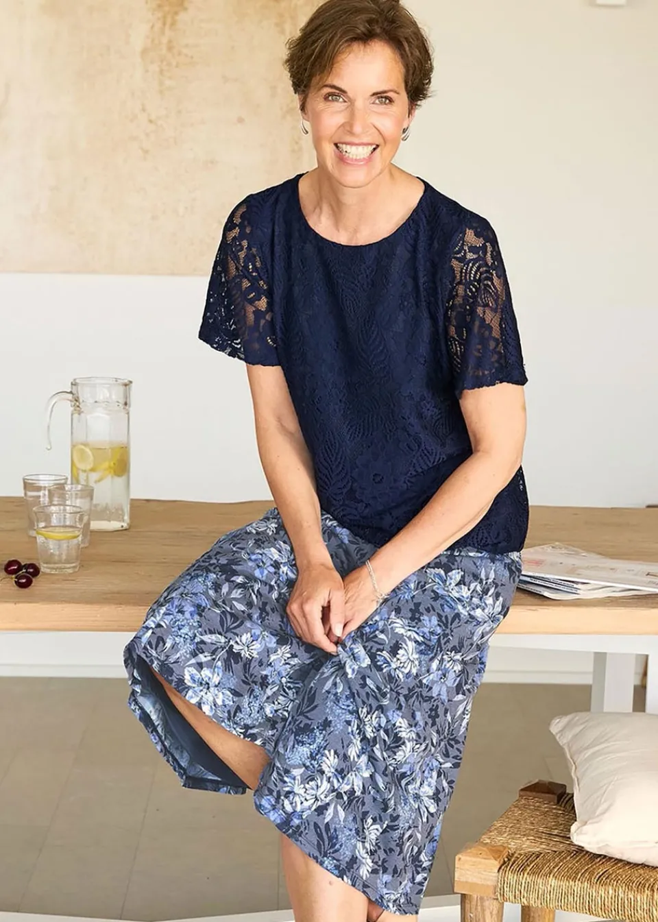 T-Shirts>Cotton Traders Navy Stretch Lace Jersey Top