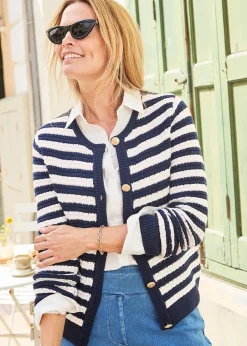 Tops>Cotton Traders Navy Stripe Textured Button Cardigan