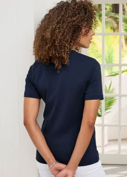 Tops>Cotton Traders Navy Wrinkle Free Short Sleeve Cardigan