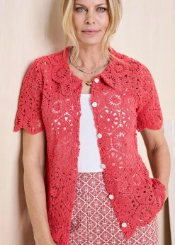 Tops>Cotton Traders Orange Crochet Cardigan