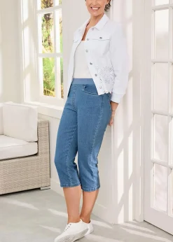 Jeans & Jeggings>Cotton Traders Pale Blue Premium Pull On Rib Waist Crop Denim Jeans