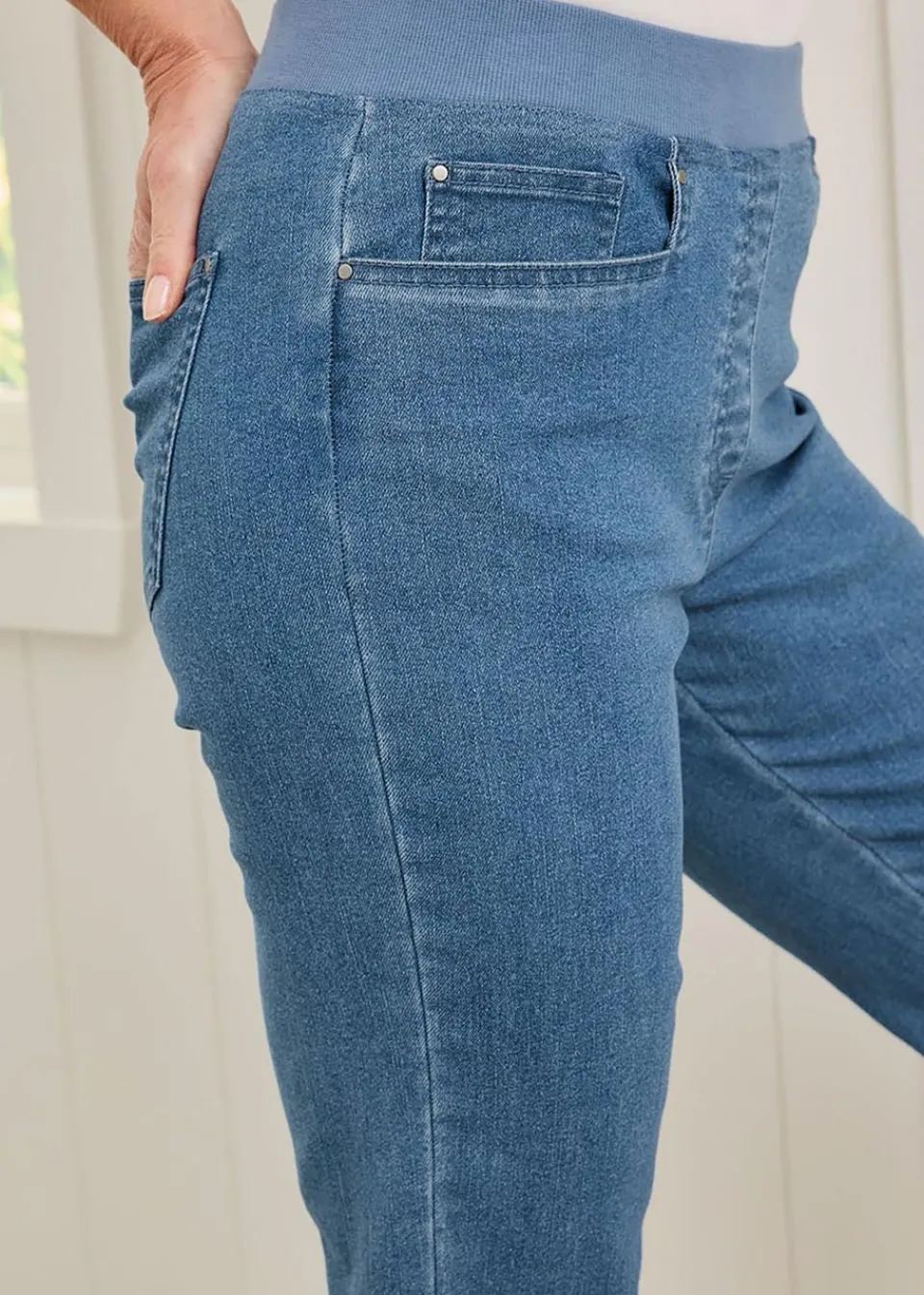 Jeans & Jeggings>Cotton Traders Pale Blue Premium Pull On Rib Waist Crop Denim Jeans