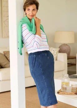 Skirts>Cotton Traders Pale Blue Jersey Denim Pull-On Knee-Length Skirt