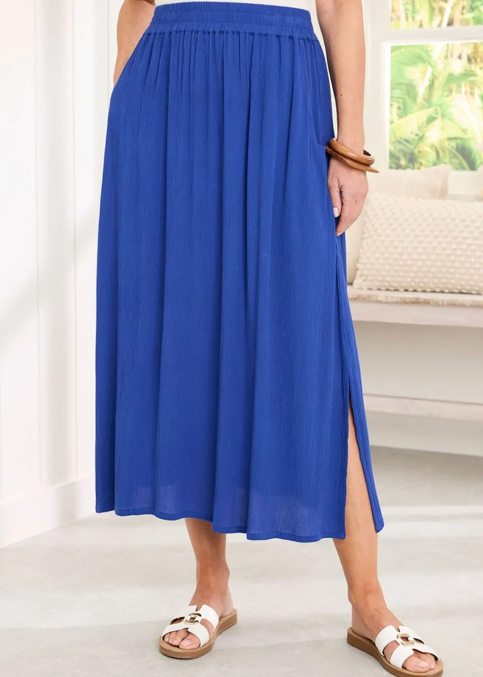 Skirts>Cotton Traders Pale Blue Pull On Crinkle Maxi Skirt