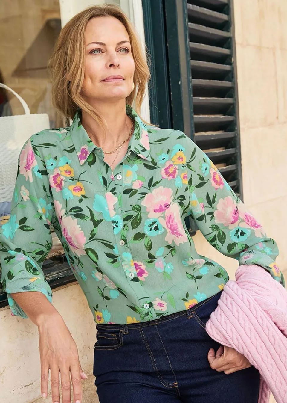 Tops>Cotton Traders Pastel Green Print Longline Blouse