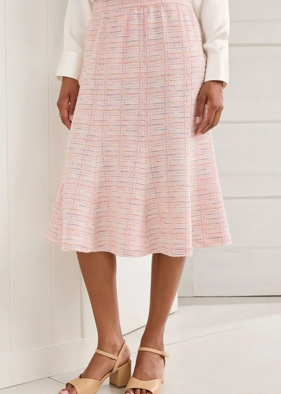 Skirts>Cotton Traders Powder Pink Stretch Jersey Boucle Pull-On Midi Skirt