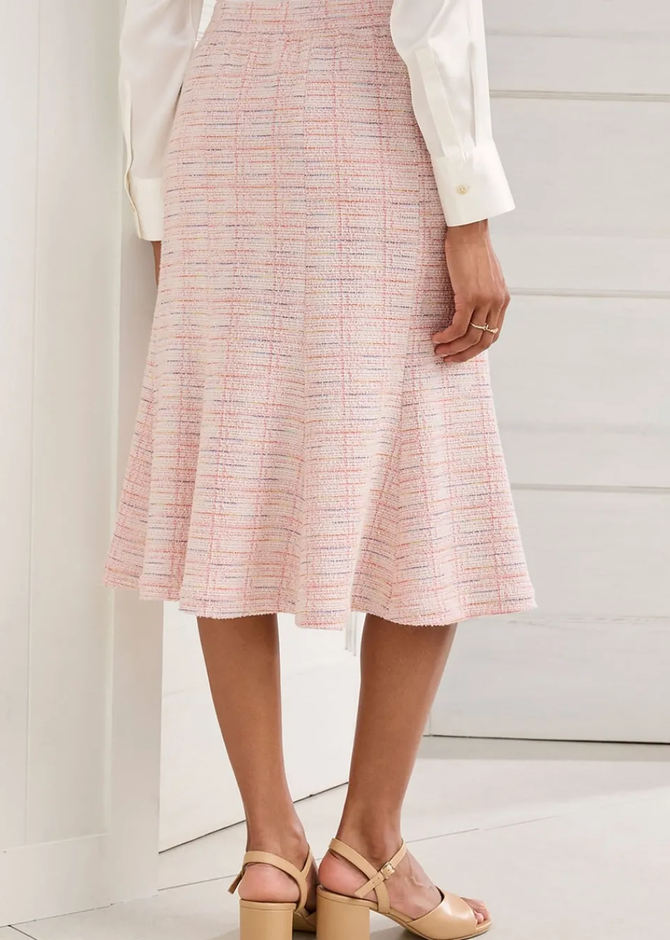 Skirts>Cotton Traders Powder Pink Stretch Jersey Boucle Pull-On Midi Skirt