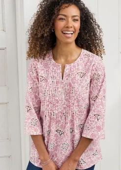Tops>Cotton Traders Rose Pink Print Broderie Pintuck Blouse