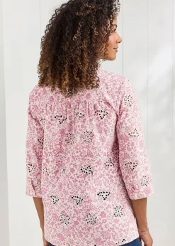 Tops>Cotton Traders Rose Pink Print Broderie Pintuck Blouse