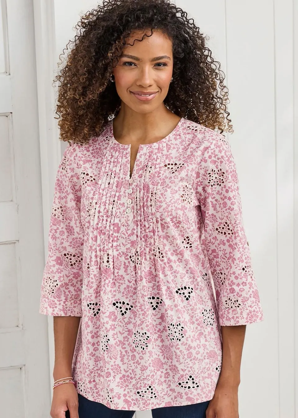 Tops>Cotton Traders Rose Pink Print Broderie Pintuck Blouse