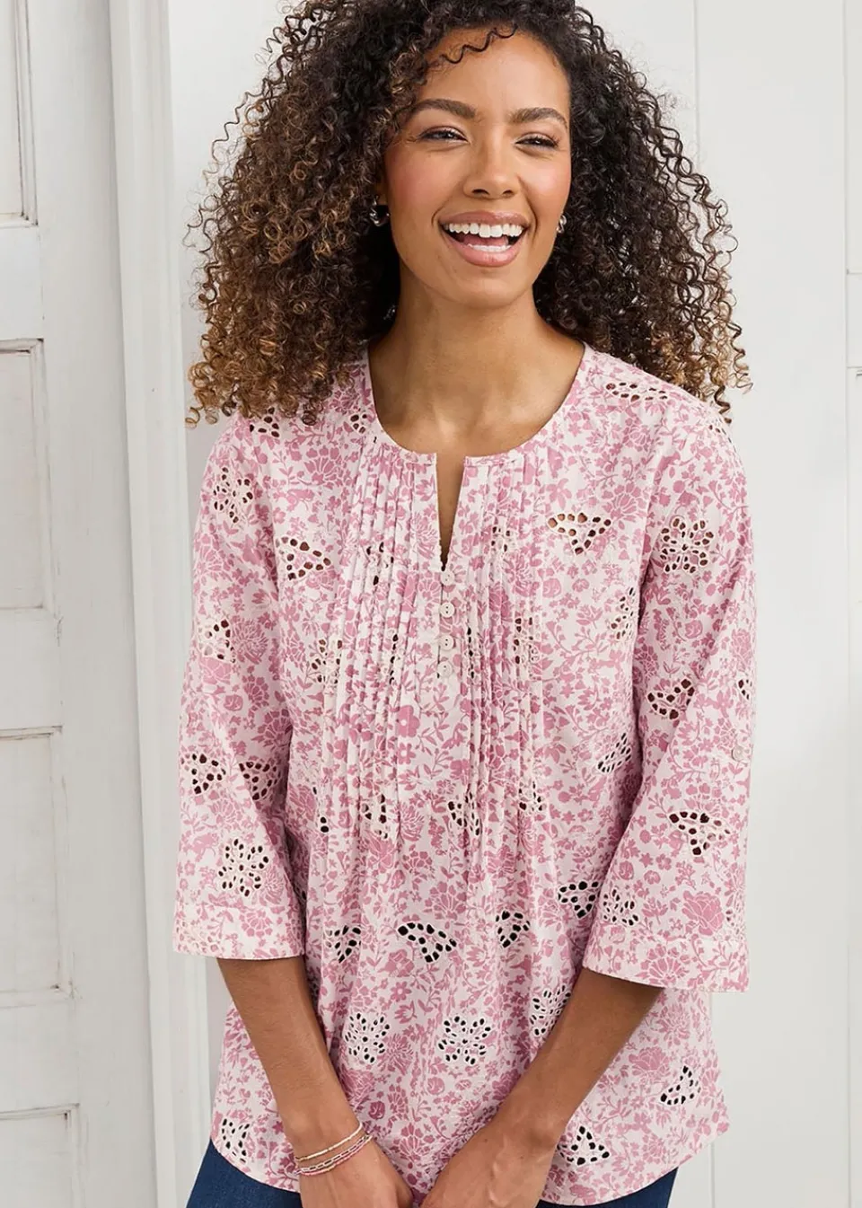 Tops>Cotton Traders Rose Pink Print Broderie Pintuck Blouse