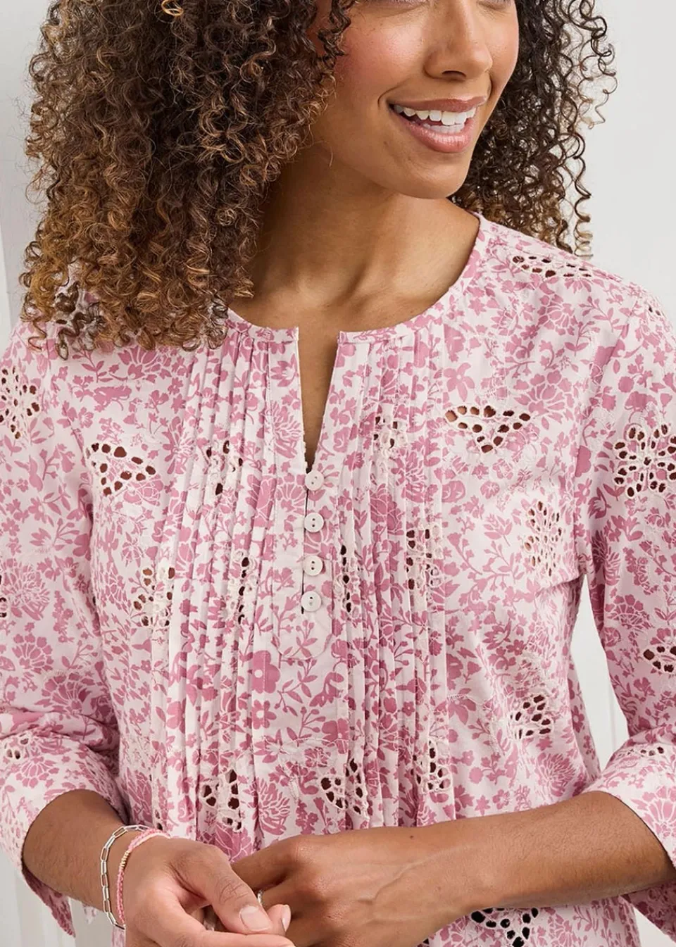 Tops>Cotton Traders Rose Pink Print Broderie Pintuck Blouse
