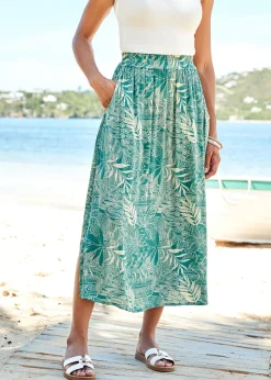 Skirts>Cotton Traders Sea Green Pull-On Printed Crinkle Maxi Skirt