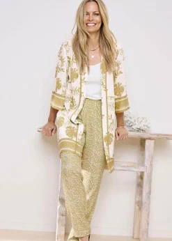 Tops>Cotton Traders Warm Cream Long Printed Kimono