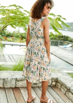 Dresses>Cotton Traders Warm Cream Printed Crinkle Short Dress