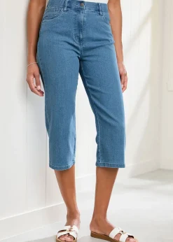 Jeans & Jeggings>Cotton Traders Washed Blue Stretch Crop Denim Trousers