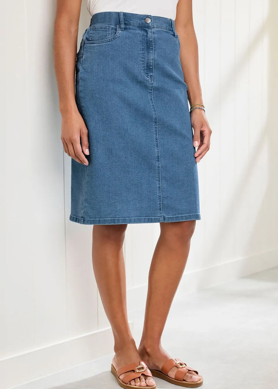 Skirts>Cotton Traders Washed Blue Stretch Denim Skirt
